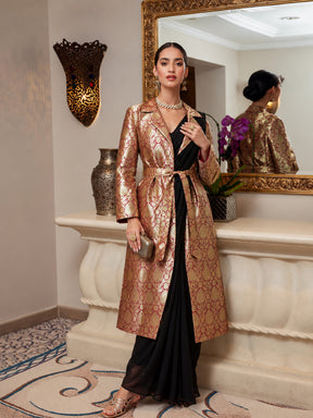 Maroon Brocade Notch Collar Longline Jacket-Shae by SASSAFRAS