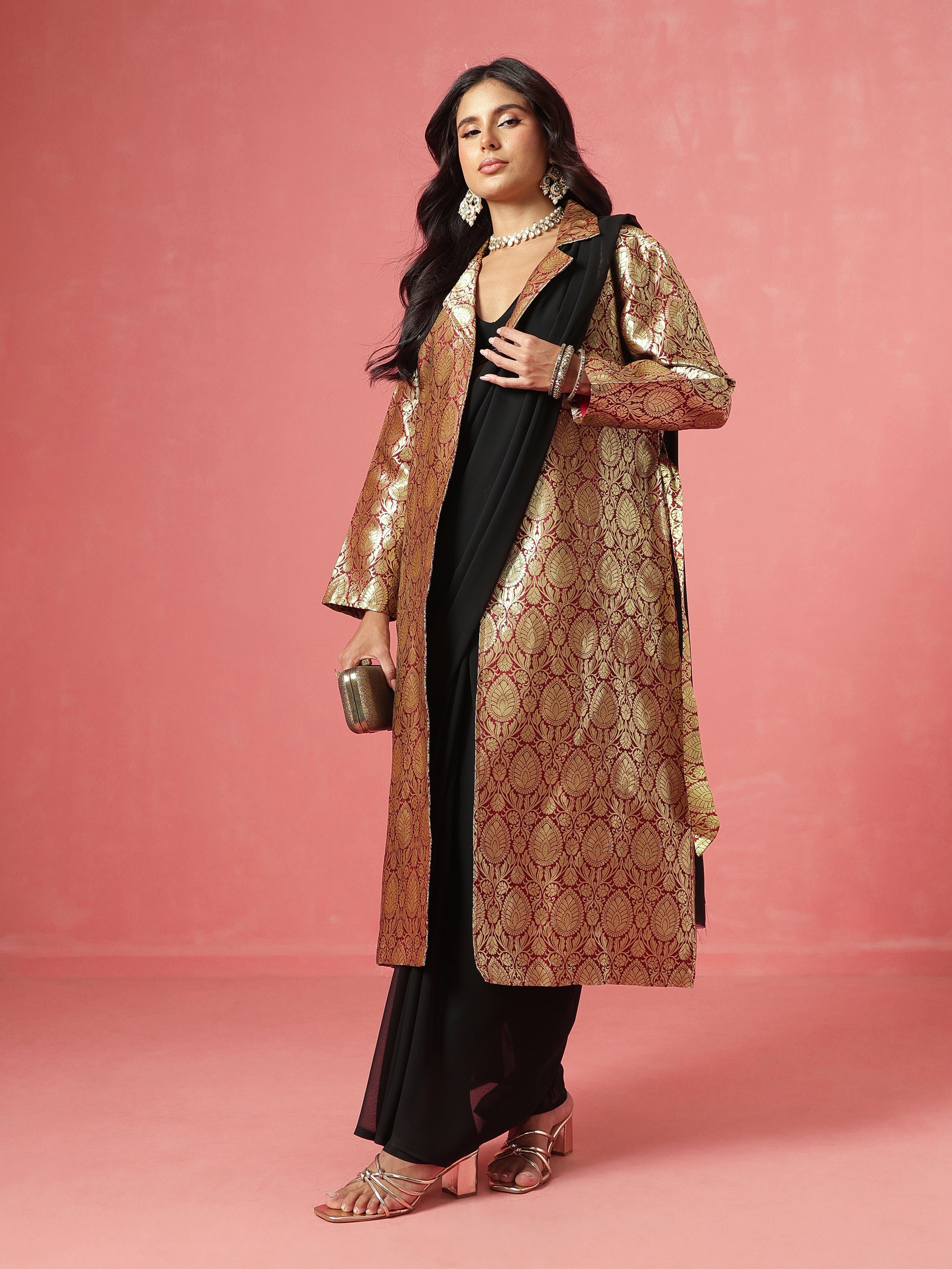 Maroon Brocade Notch Collar Longline Jacket-Shae by SASSAFRAS