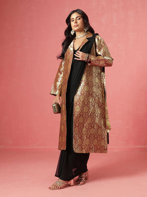 Maroon Brocade Notch Collar Longline Jacket-Shae by SASSAFRAS