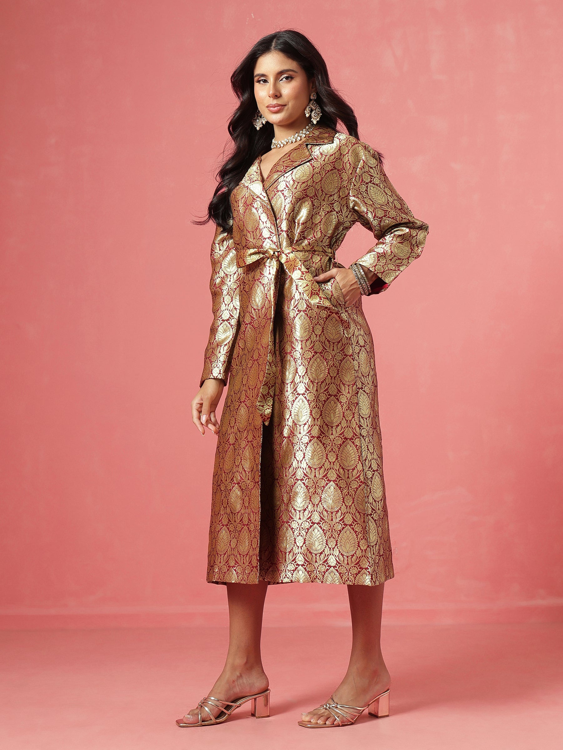 Maroon Brocade Notch Collar Longline Jacket-Shae by SASSAFRAS
