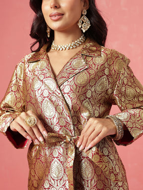 Maroon Brocade Notch Collar Longline Jacket-Shae by SASSAFRAS