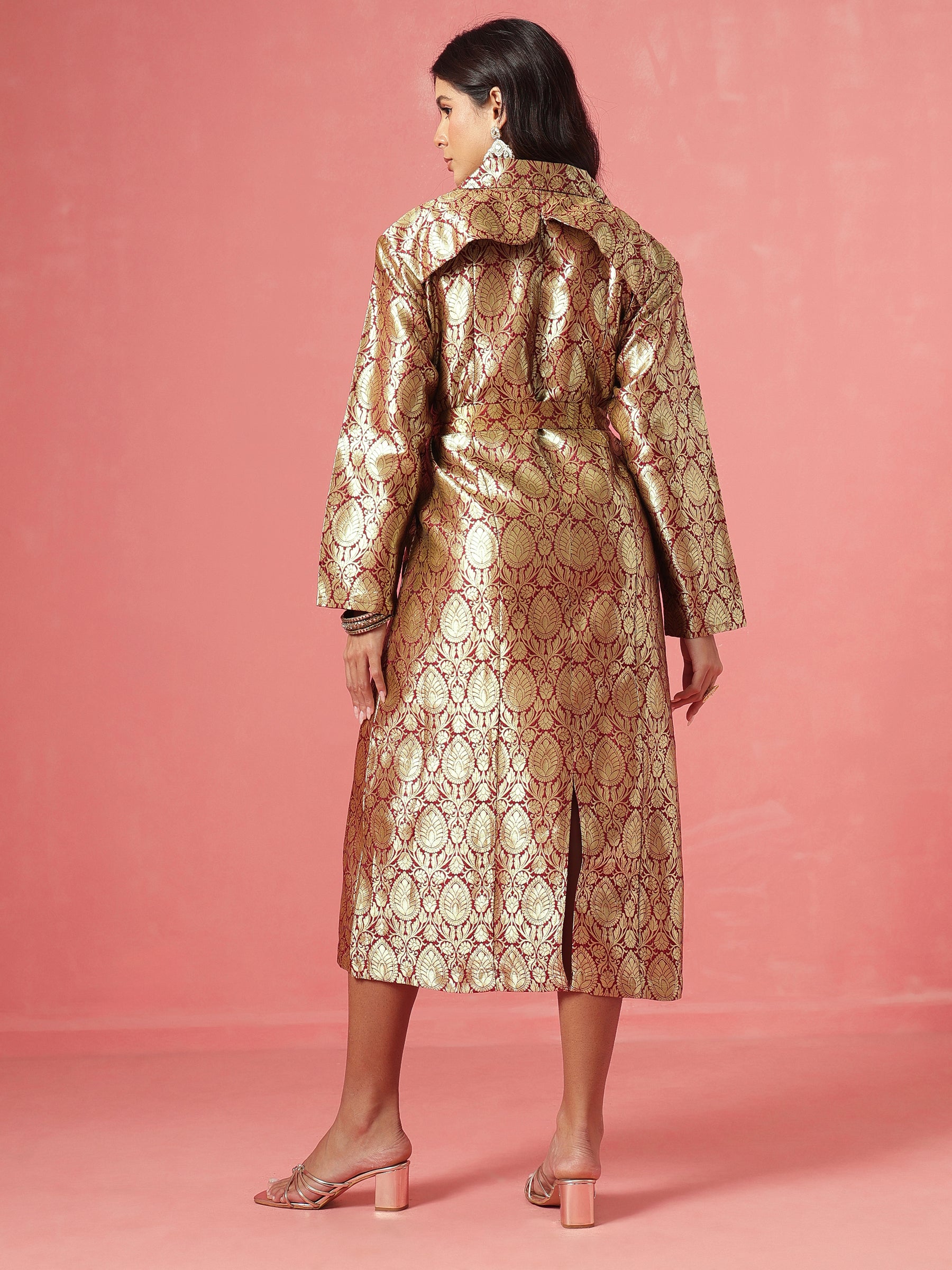 Maroon Brocade Notch Collar Longline Jacket-Shae by SASSAFRAS