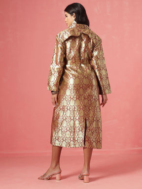Maroon Brocade Notch Collar Longline Jacket-Shae by SASSAFRAS