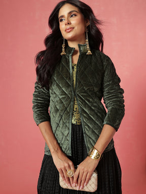 Olive Velvet Quilted Full Sleeves Jacket-Shae by SASSAFRAS