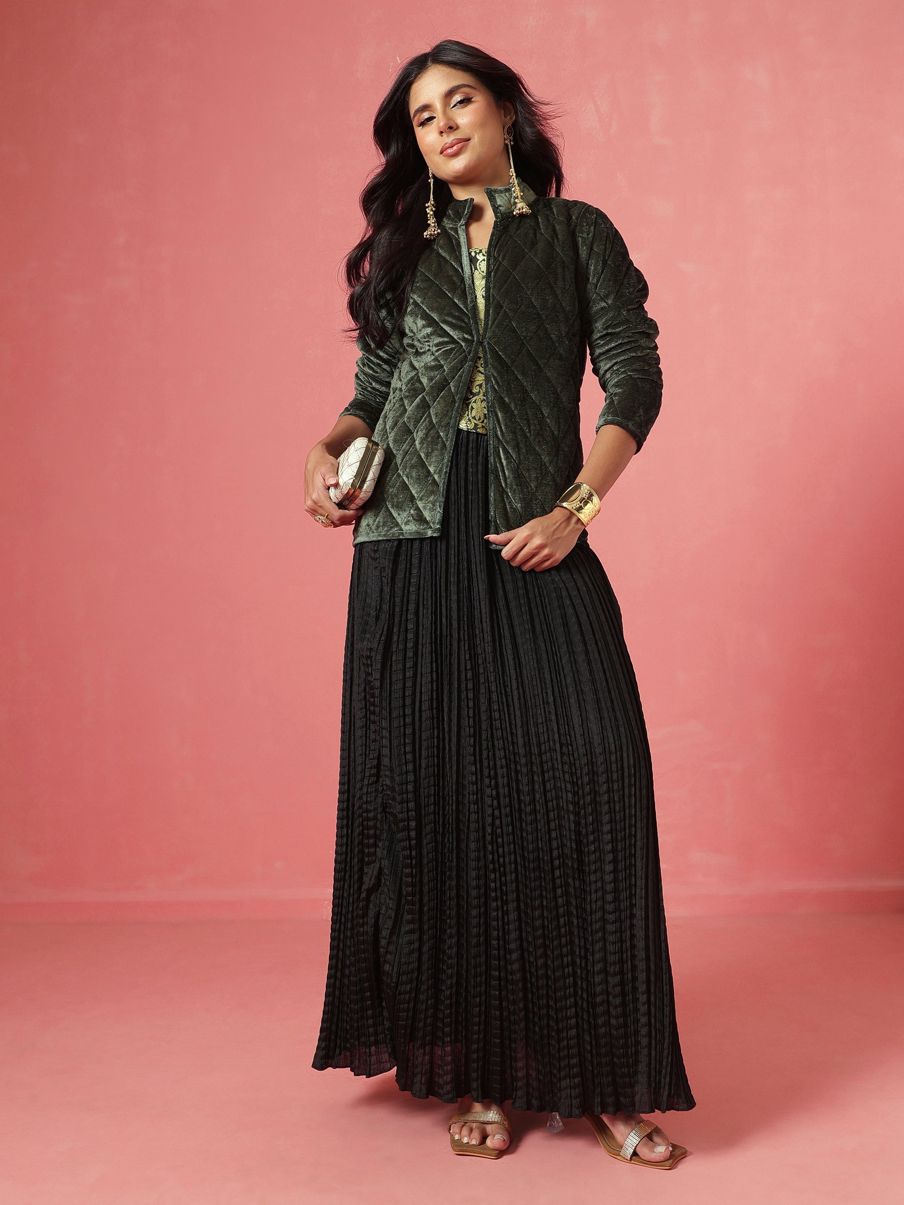 Olive Velvet Quilted Full Sleeves Jacket-Shae by SASSAFRAS