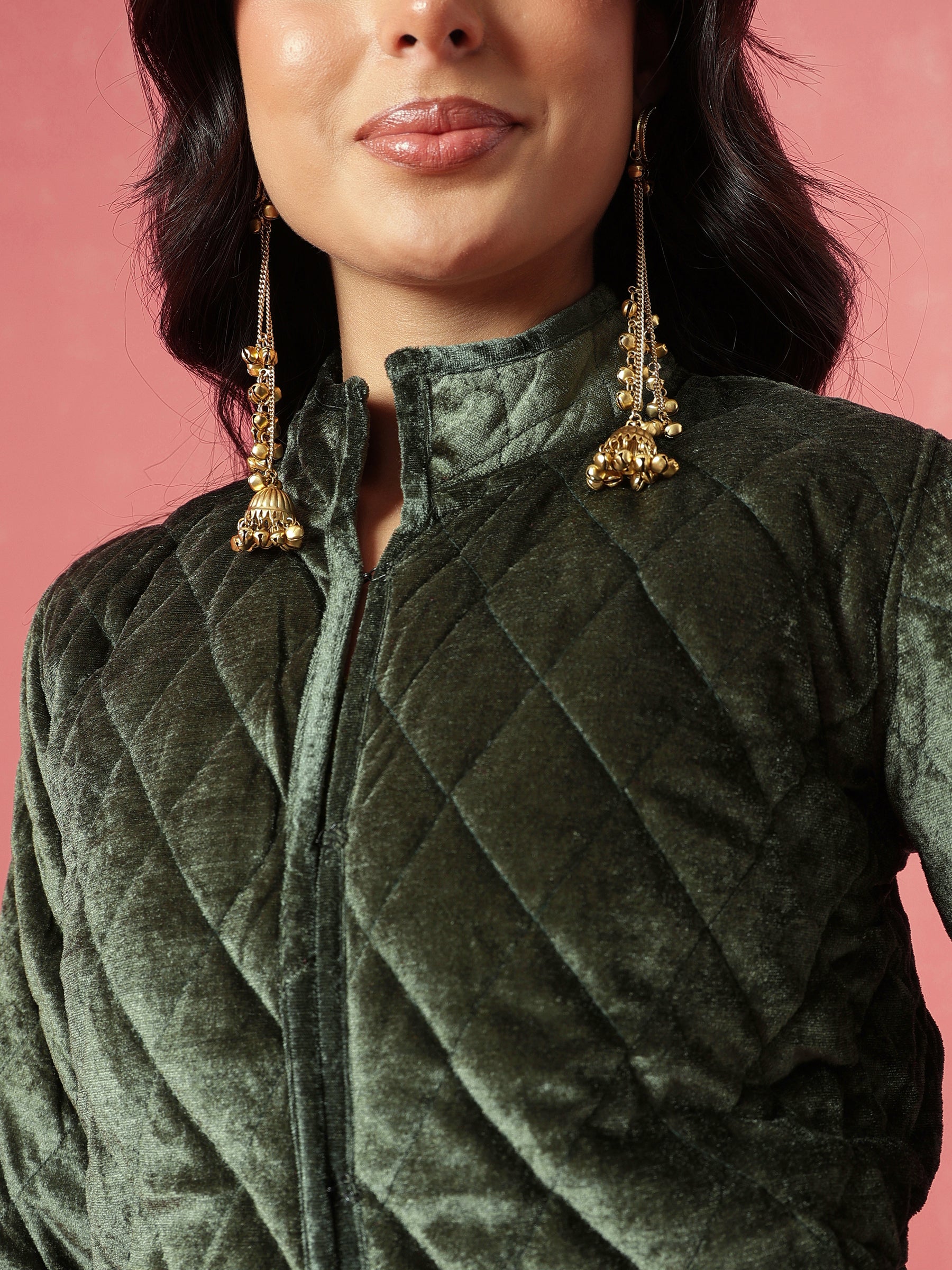Olive Velvet Quilted Full Sleeves Jacket-Shae by SASSAFRAS