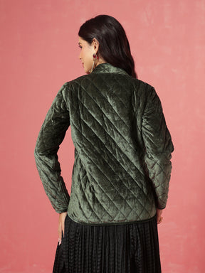 Olive Velvet Quilted Full Sleeves Jacket-Shae by SASSAFRAS