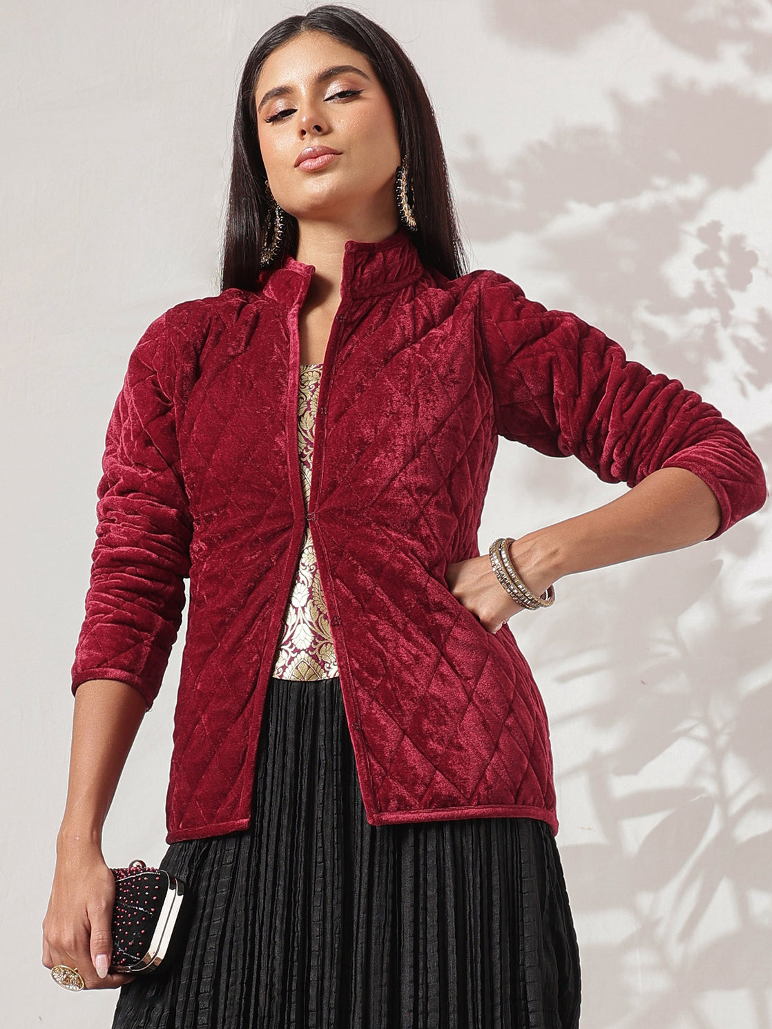 Maroon Velvet Quilted Full Sleeves Jacket-Shae by SASSAFRAS