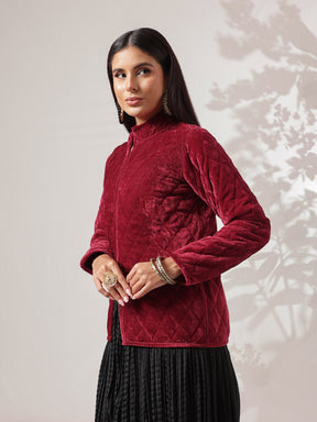 Maroon Velvet Quilted Full Sleeves Jacket-Shae by SASSAFRAS