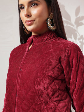 Maroon Velvet Quilted Full Sleeves Jacket-Shae by SASSAFRAS