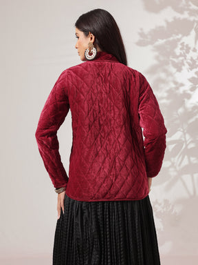 Maroon Velvet Quilted Full Sleeves Jacket-Shae by SASSAFRAS
