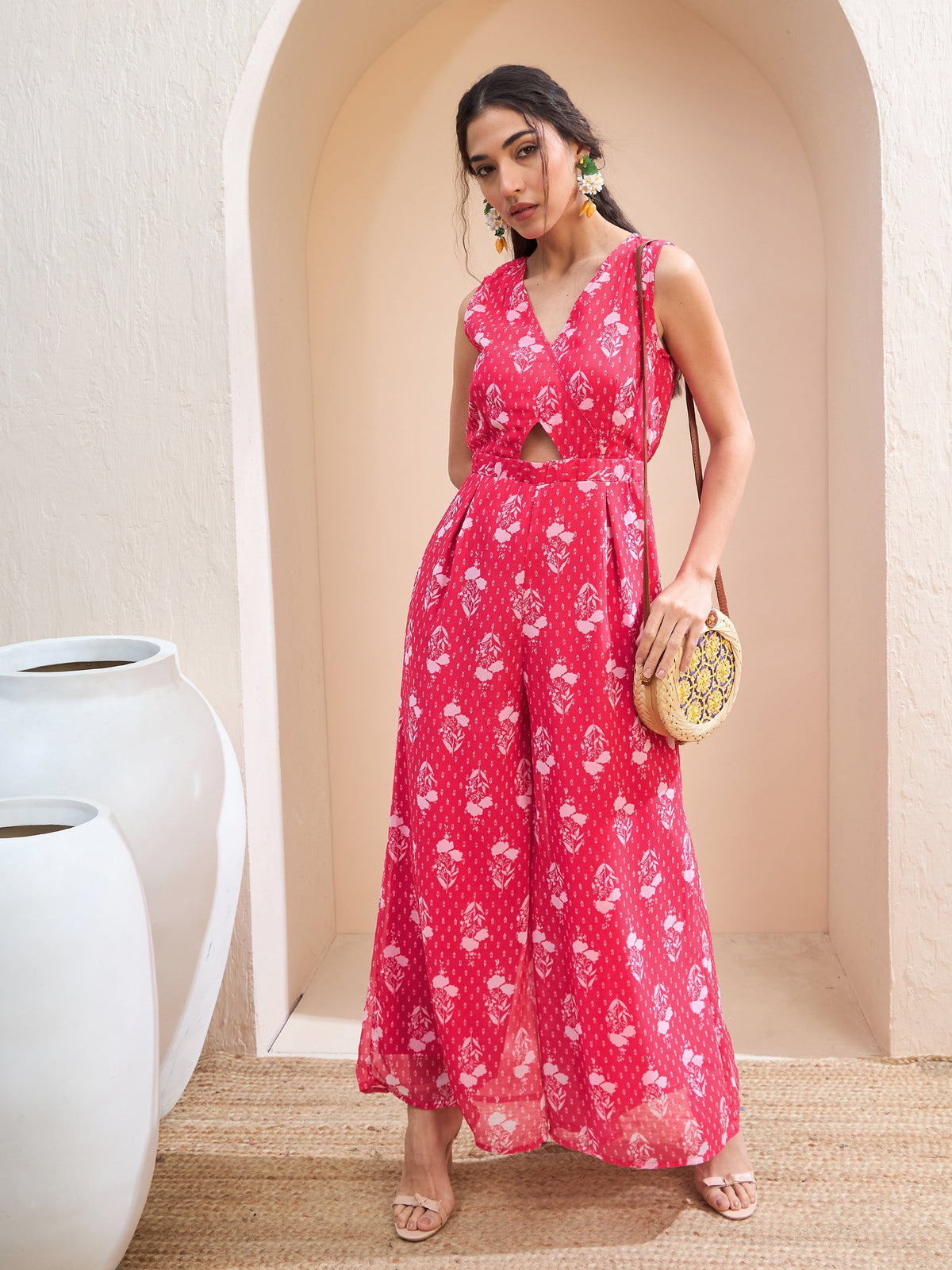 Fuchsia Floral Wrap Sleeveless Jumpsuit-Shae by SASSAFRAS