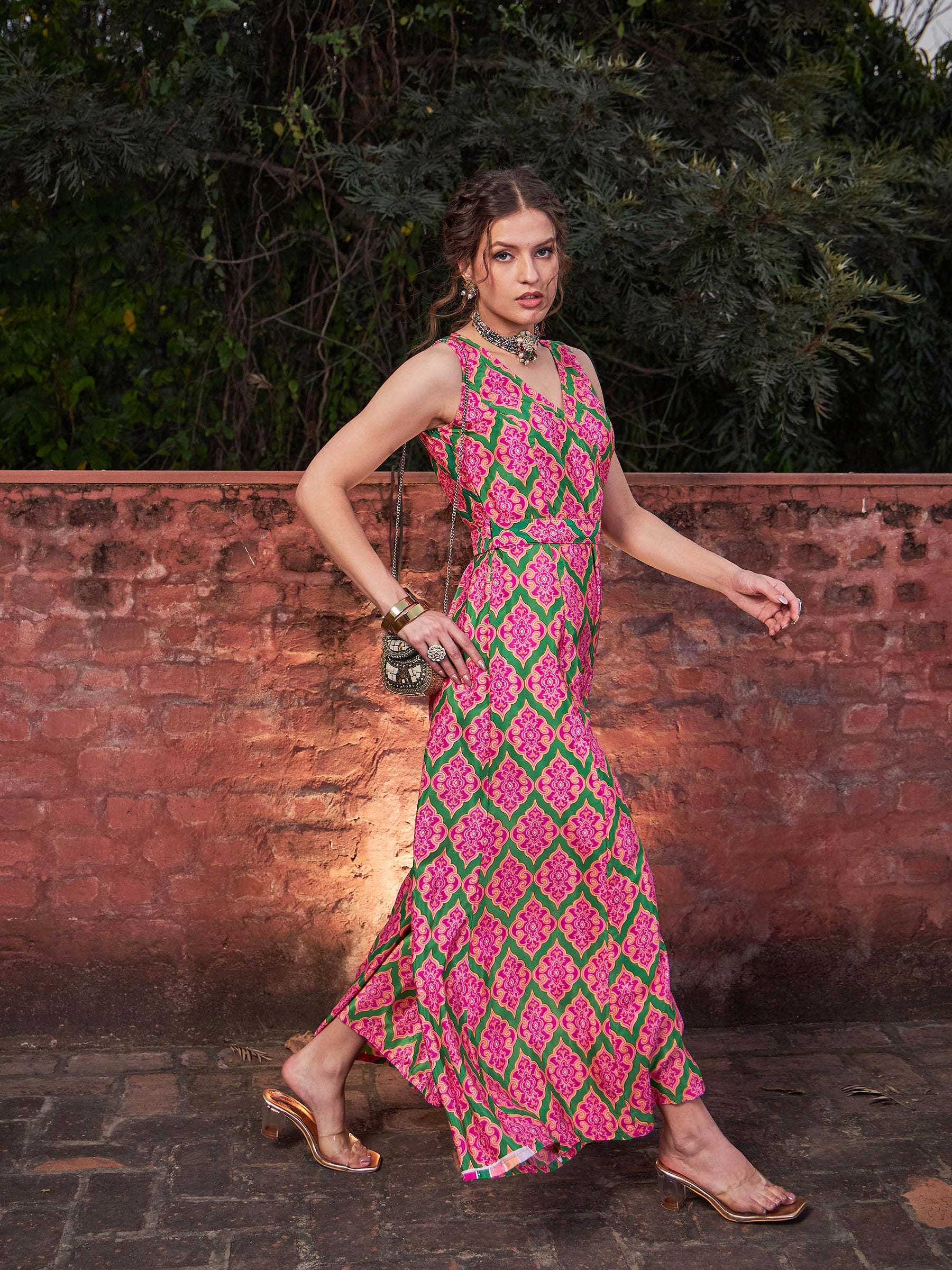 Pink & Green Floral Sleeveless Wrap Jumpsuits-Shae by SASSAFRAS