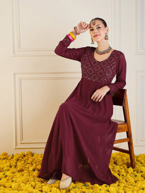 Maroon Embroidered Anarkali Maxi Kurta-Shae by SASSAFRAS