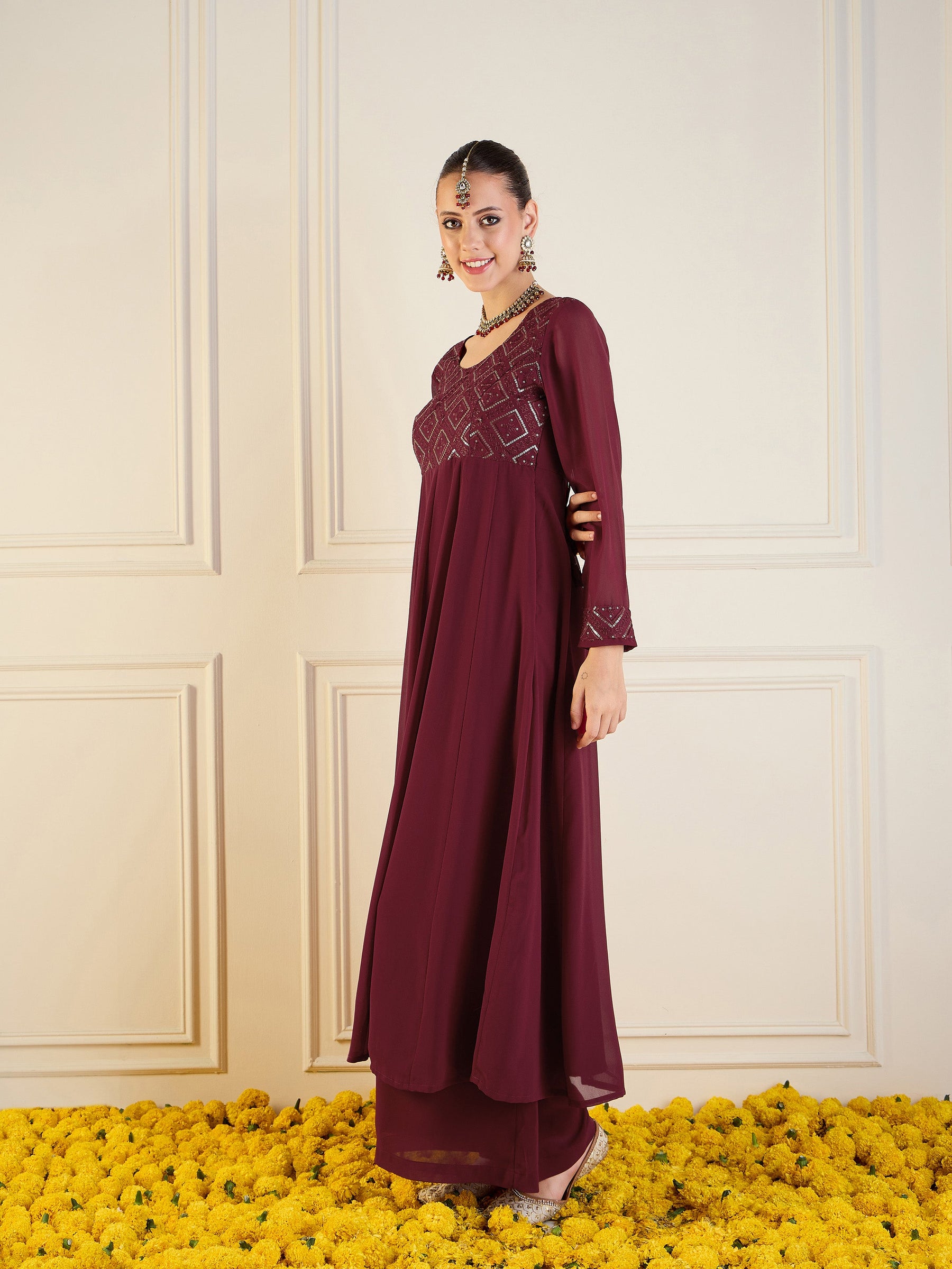 Maroon Embroidered Anarkali Maxi Kurta-Shae by SASSAFRAS