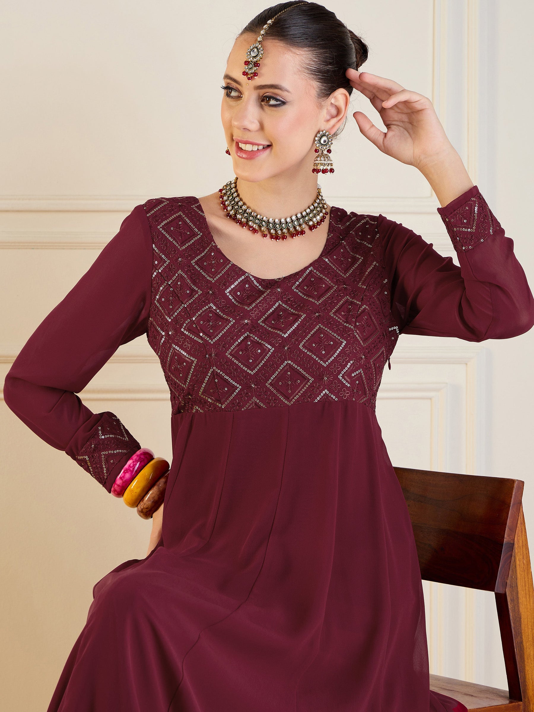 Maroon Embroidered Anarkali Maxi Kurta-Shae by SASSAFRAS