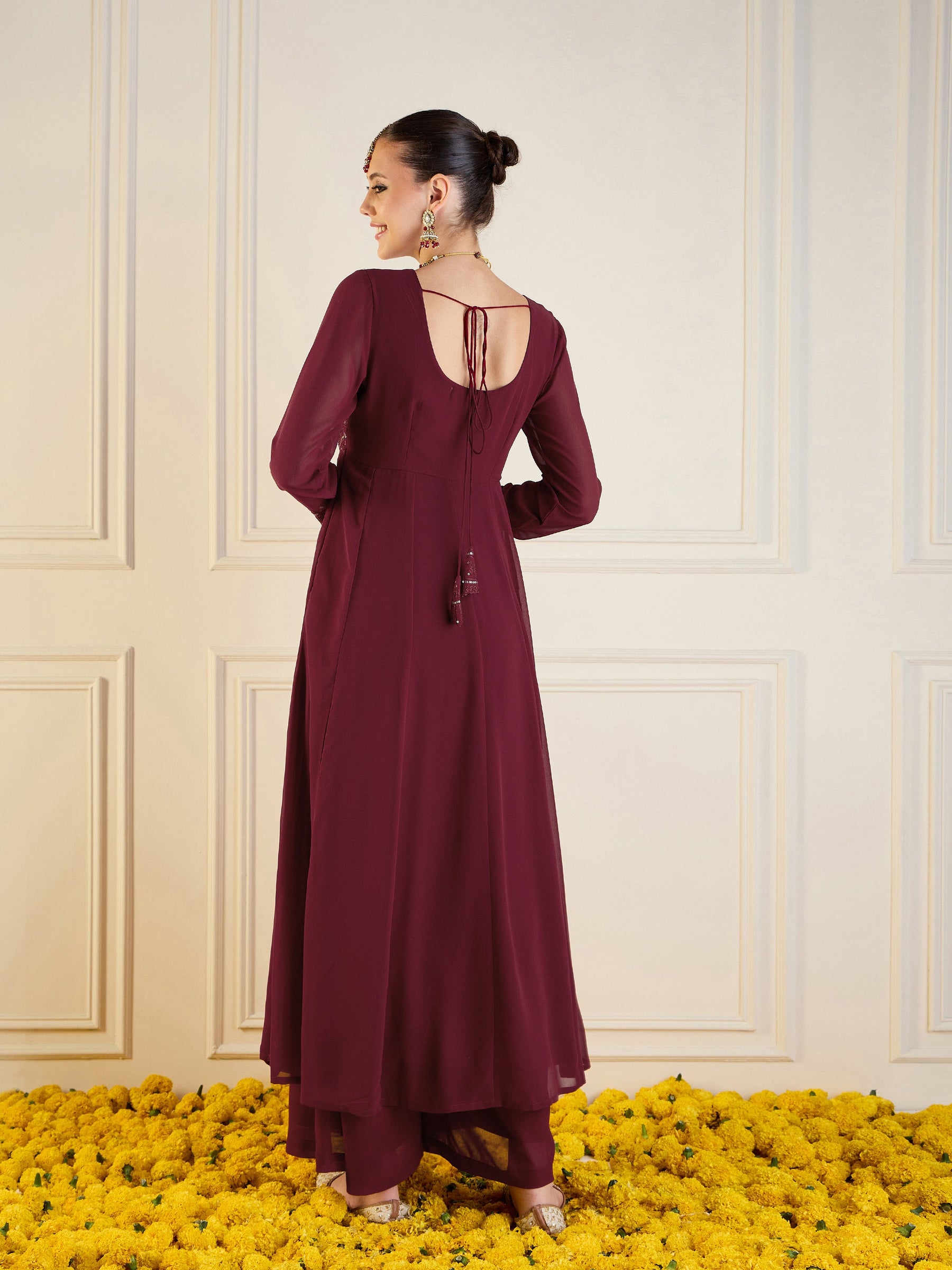 Maroon Embroidered Anarkali Maxi Kurta-Shae by SASSAFRAS