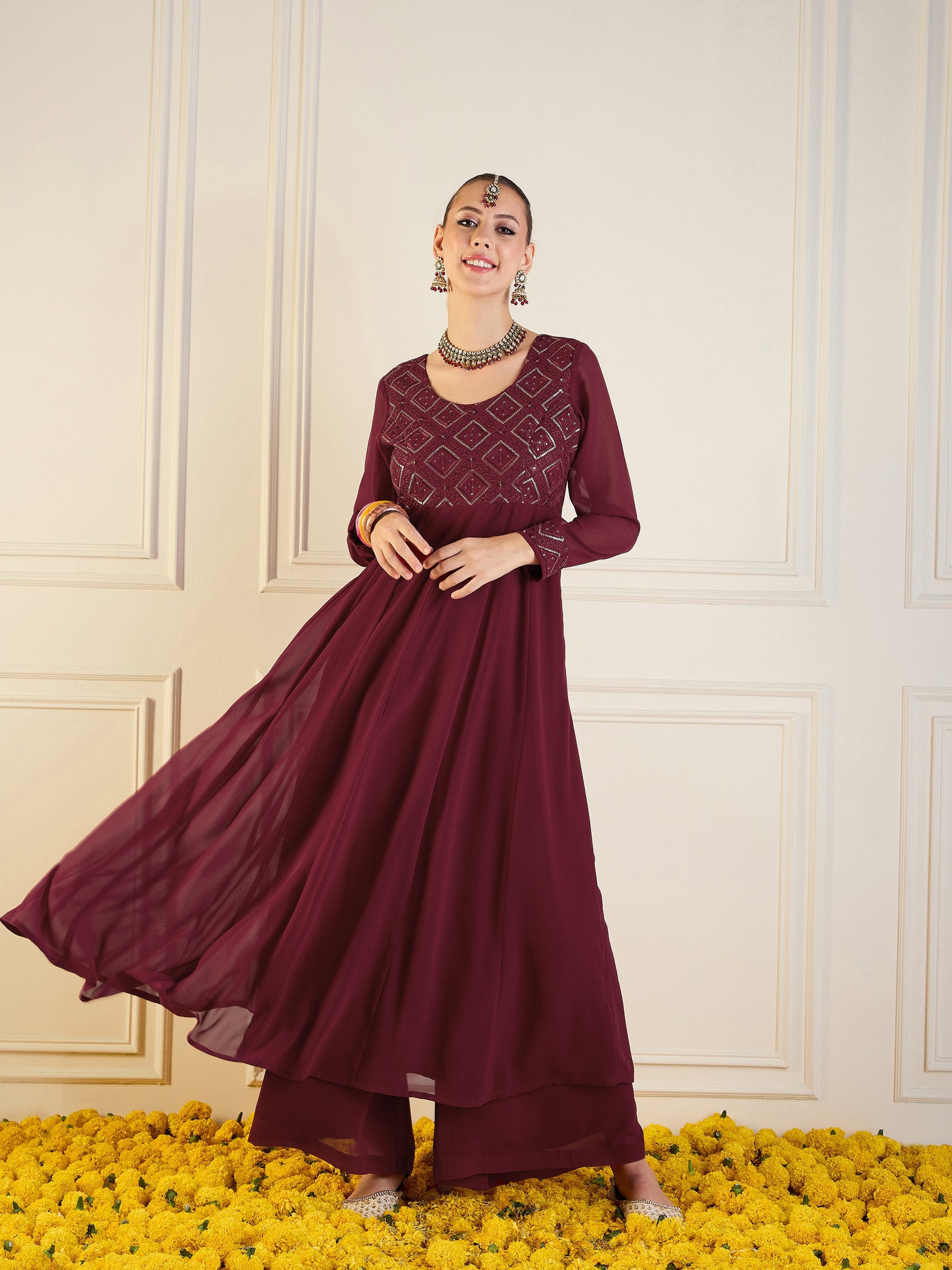 Maroon Embroidered Anarkali Maxi Kurta-Shae by SASSAFRAS