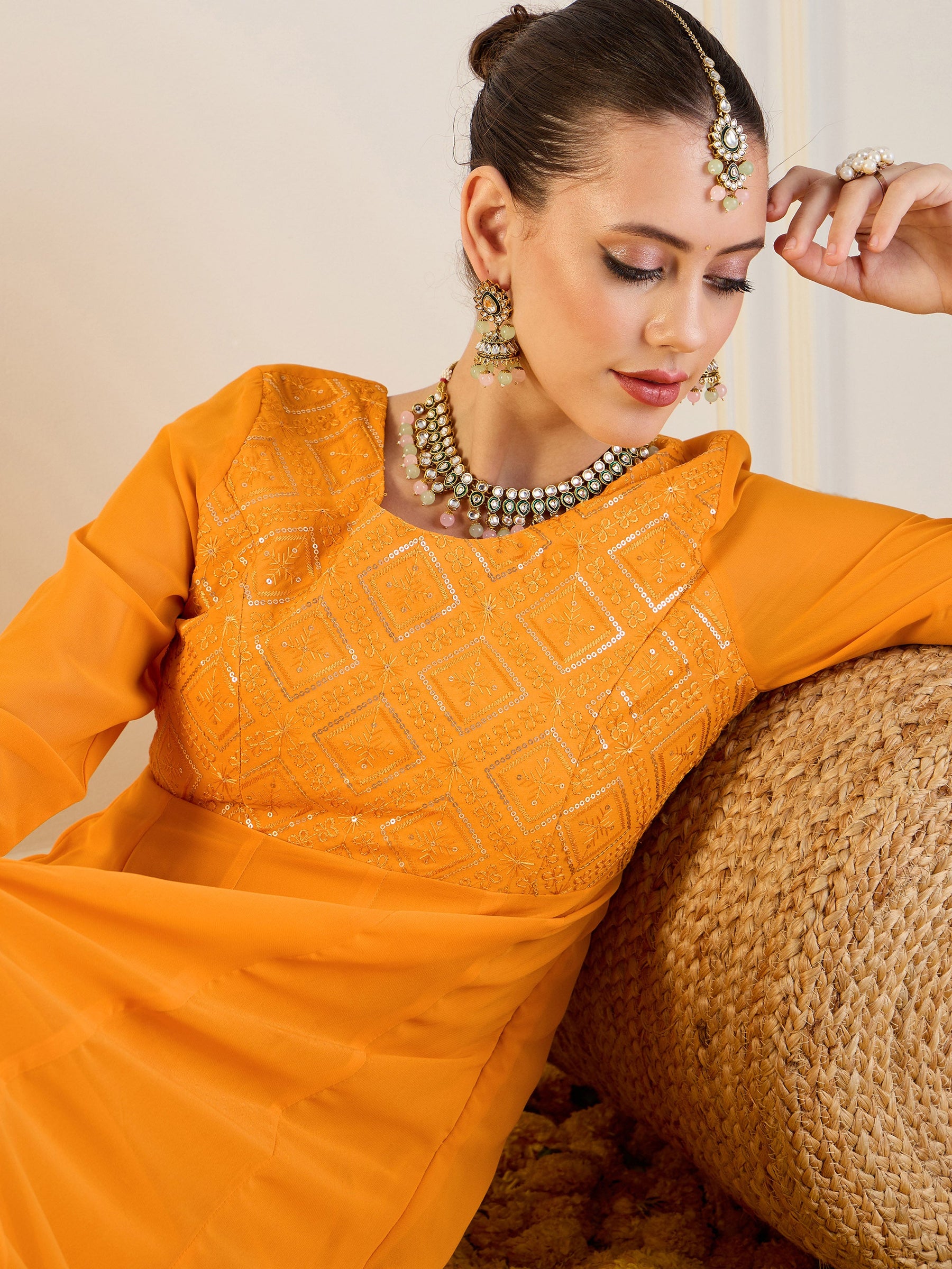 Mustard Embroidered Anarkali Maxi Kurta-Shae by SASSAFRAS