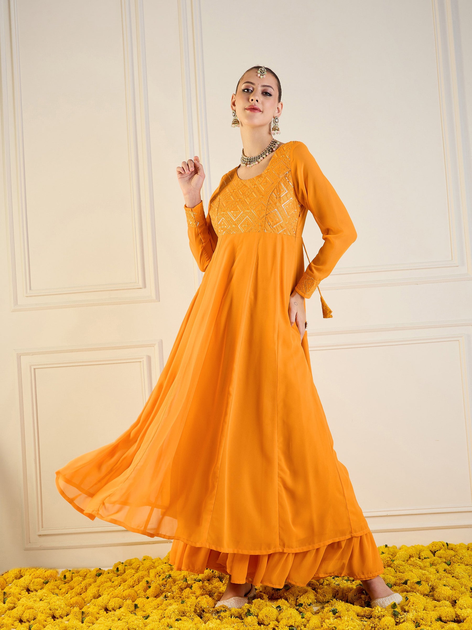 Mustard Embroidered Anarkali Maxi Kurta-Shae by SASSAFRAS