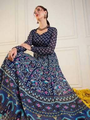 Navy Floral Sweetheart Neck Anarkali Kurta-Shae by SASSAFRAS