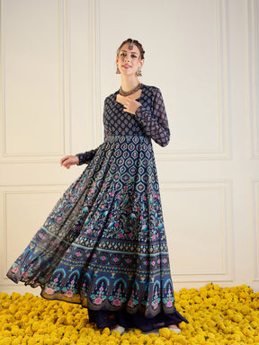 Navy Floral Sweetheart Neck Anarkali Kurta-Shae by SASSAFRAS