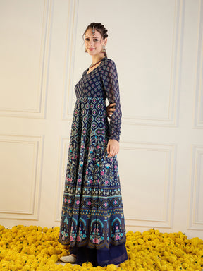 Navy Floral Sweetheart Neck Anarkali Kurta-Shae by SASSAFRAS