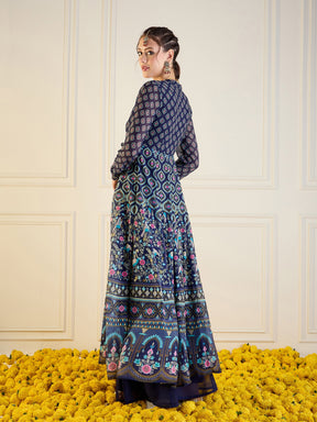 Navy Floral Sweetheart Neck Anarkali Kurta-Shae by SASSAFRAS