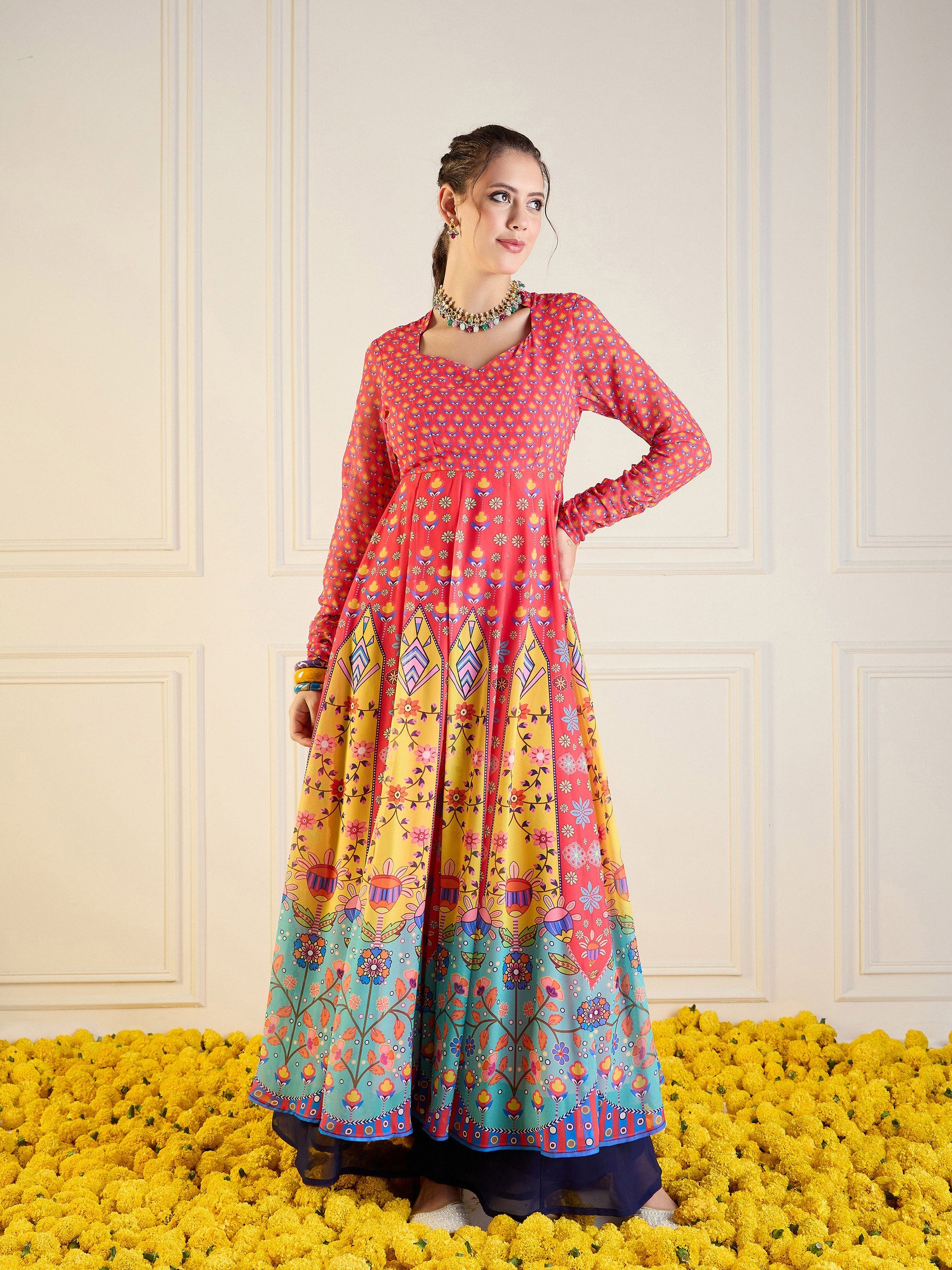 Red & Yellow Floral Sweetheart Neck Anarkali Kurta-Shae by SASSAFRAS