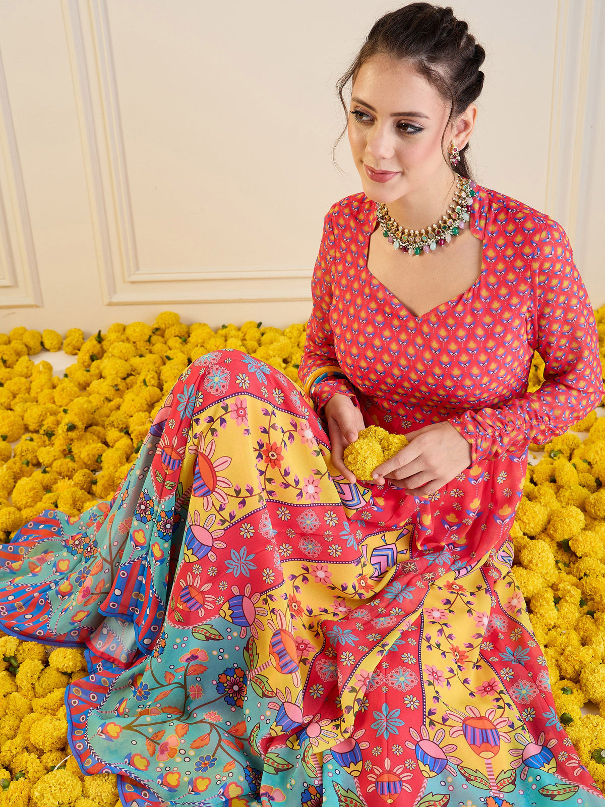 Red & Yellow Floral Sweetheart Neck Anarkali Kurta-Shae by SASSAFRAS