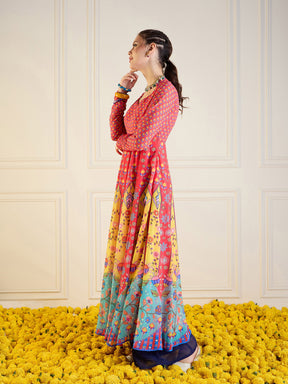 Red & Yellow Floral Sweetheart Neck Anarkali Kurta-Shae by SASSAFRAS