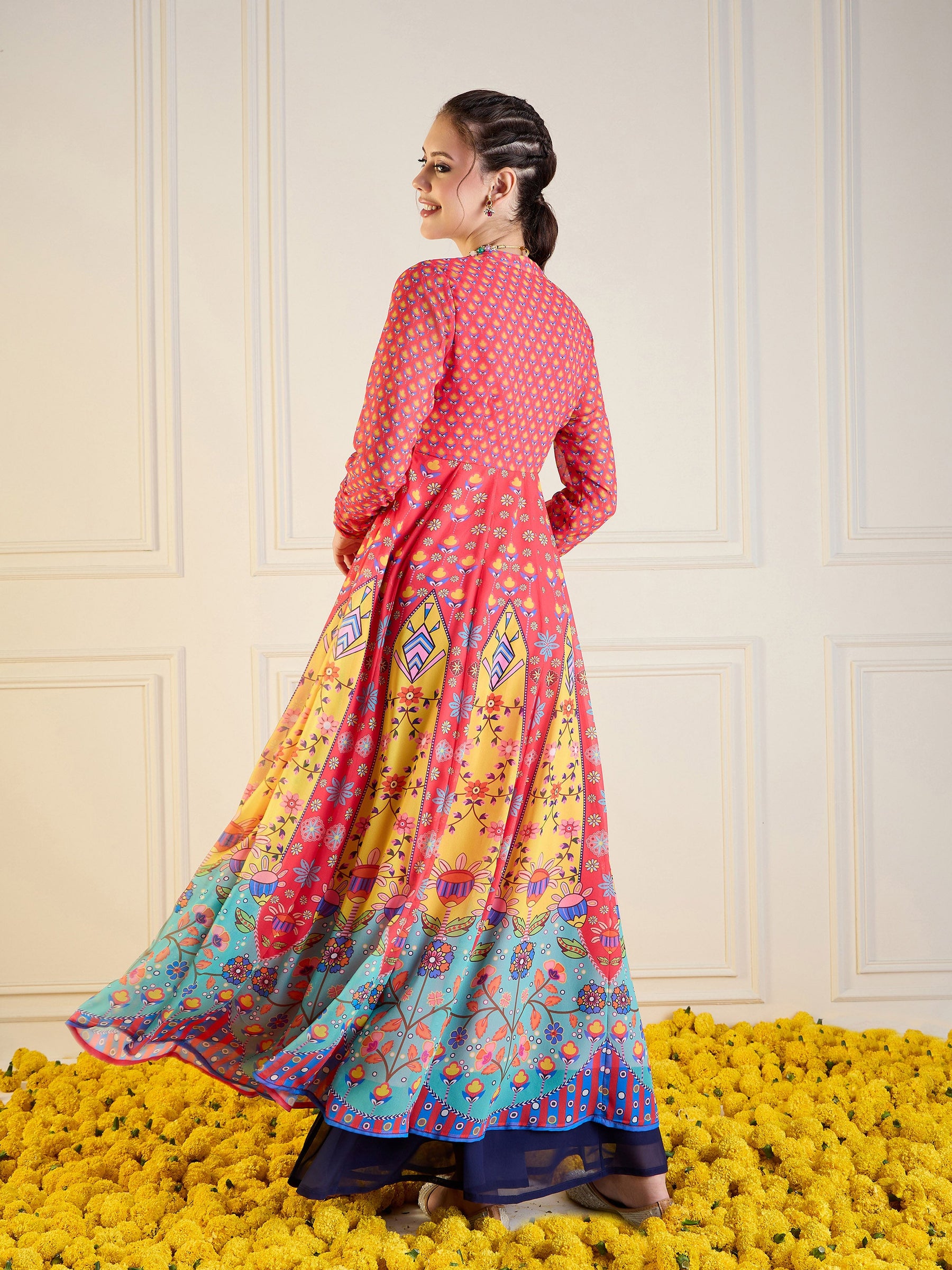 Red & Yellow Floral Sweetheart Neck Anarkali Kurta-Shae by SASSAFRAS