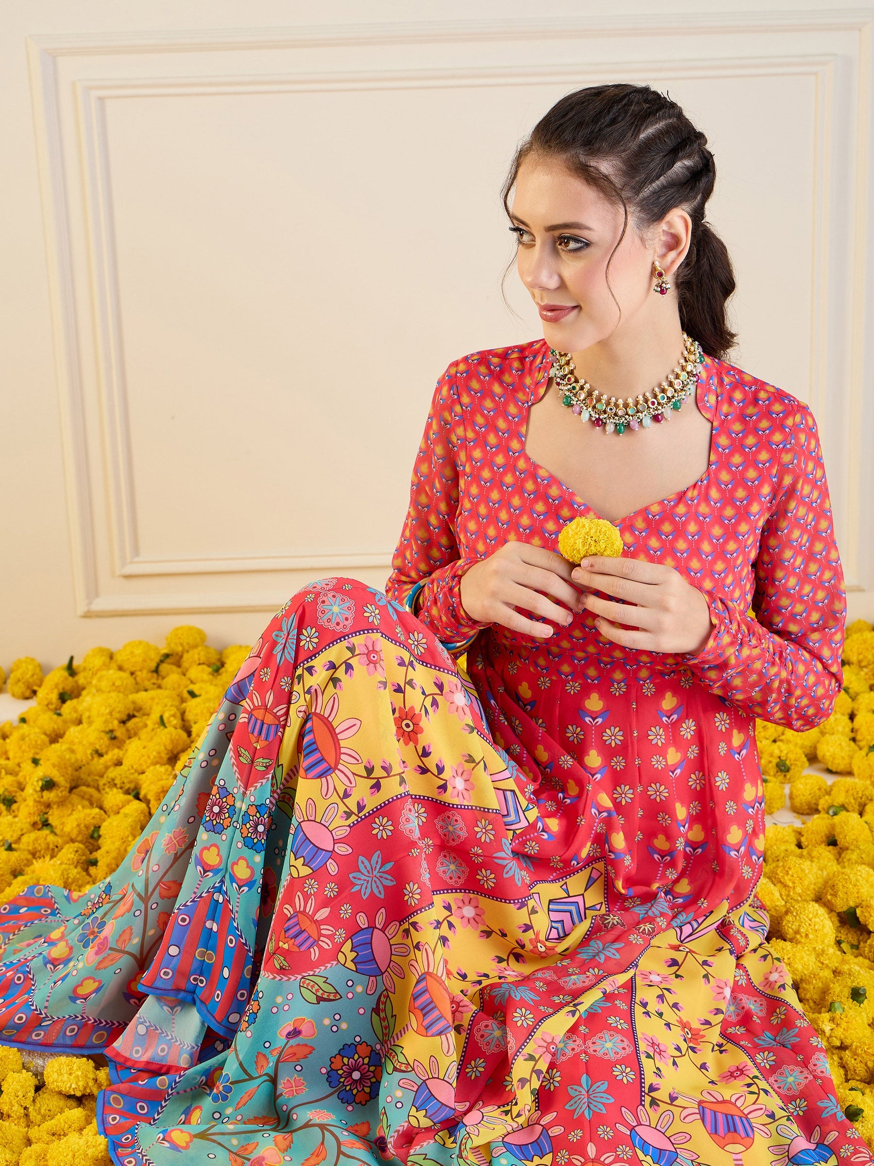 Red & Yellow Floral Sweetheart Neck Anarkali Kurta-Shae by SASSAFRAS