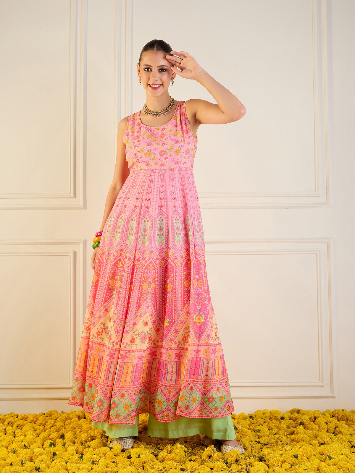 Pink Floral Sleeveless Anarkali Kurta-Shae by SASSAFRAS
