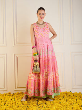 Pink Floral Sleeveless Anarkali Kurta-Shae by SASSAFRAS