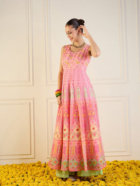 Pink Floral Sleeveless Anarkali Kurta-Shae by SASSAFRAS