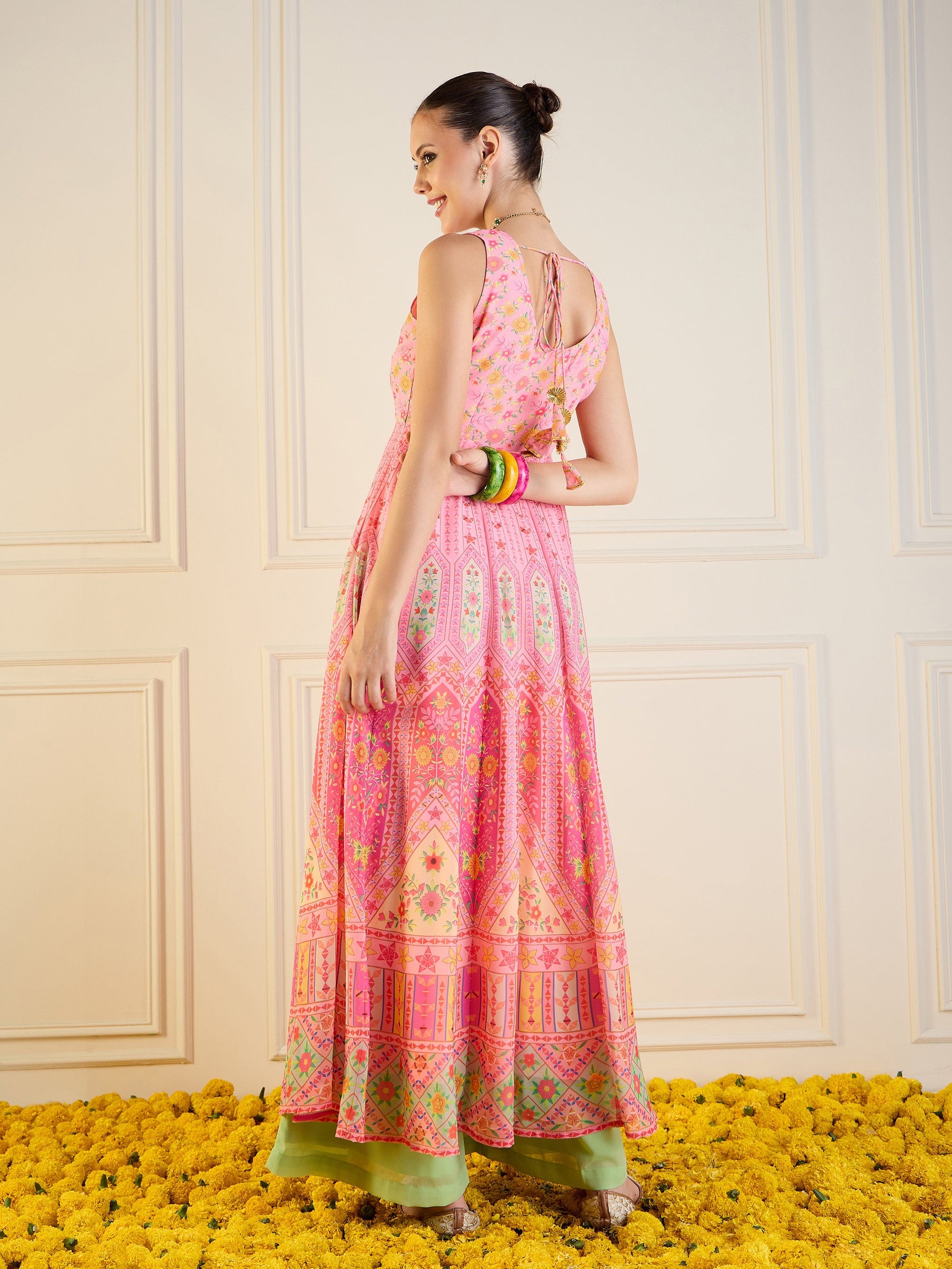 Pink Floral Sleeveless Anarkali Kurta-Shae by SASSAFRAS