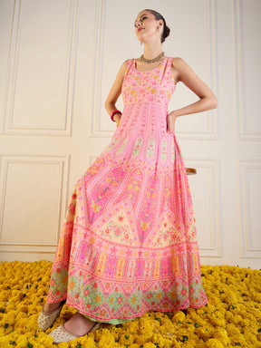 Pink Floral Sleeveless Anarkali Kurta-Shae by SASSAFRAS