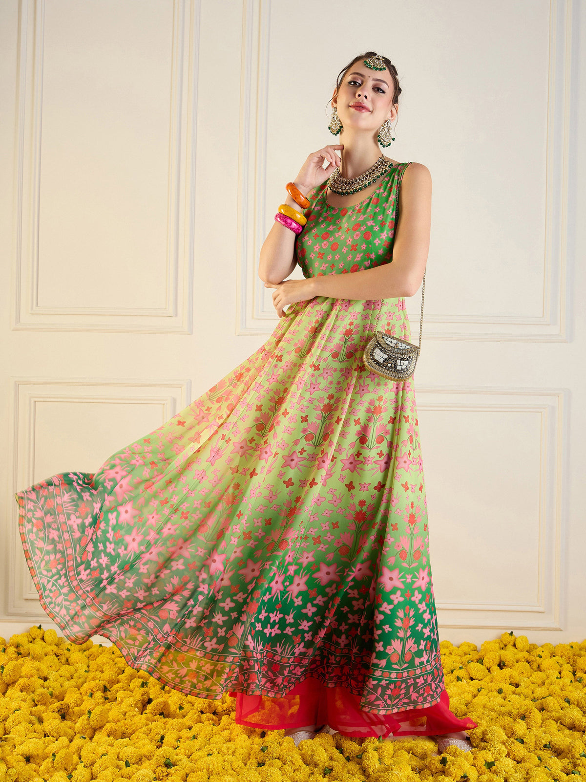 Green Floral Sleeveless Anarkali Kurta-Shae by SASSAFRAS