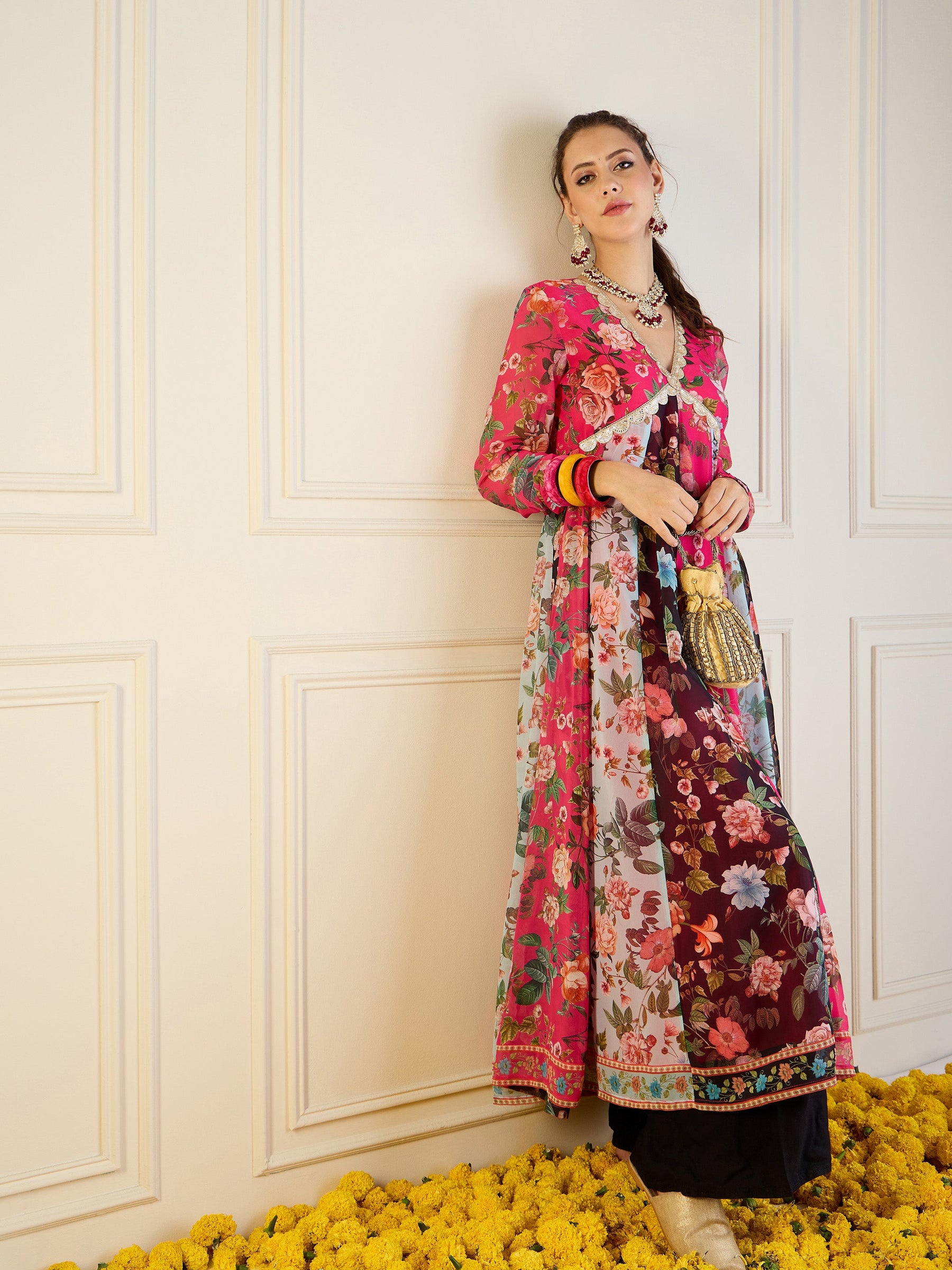 Fuchsia & Black Floral Long Anarkali Kurta-Shae by SASSAFRAS