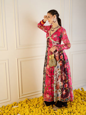 Fuchsia & Black Floral Long Anarkali Kurta-Shae by SASSAFRAS