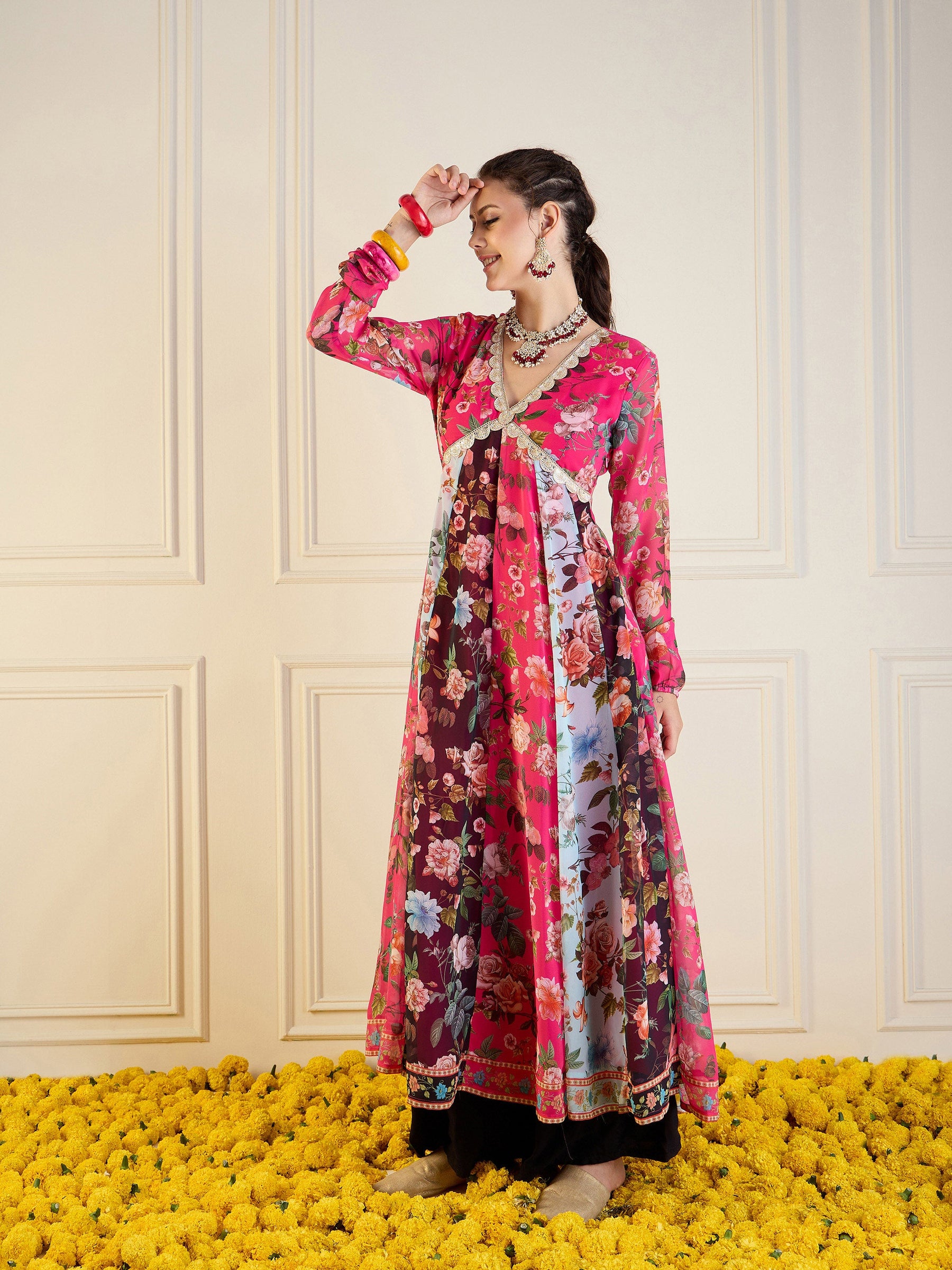 Fuchsia & Black Floral Long Anarkali Kurta-Shae by SASSAFRAS