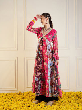 Fuchsia & Black Floral Long Anarkali Kurta-Shae by SASSAFRAS