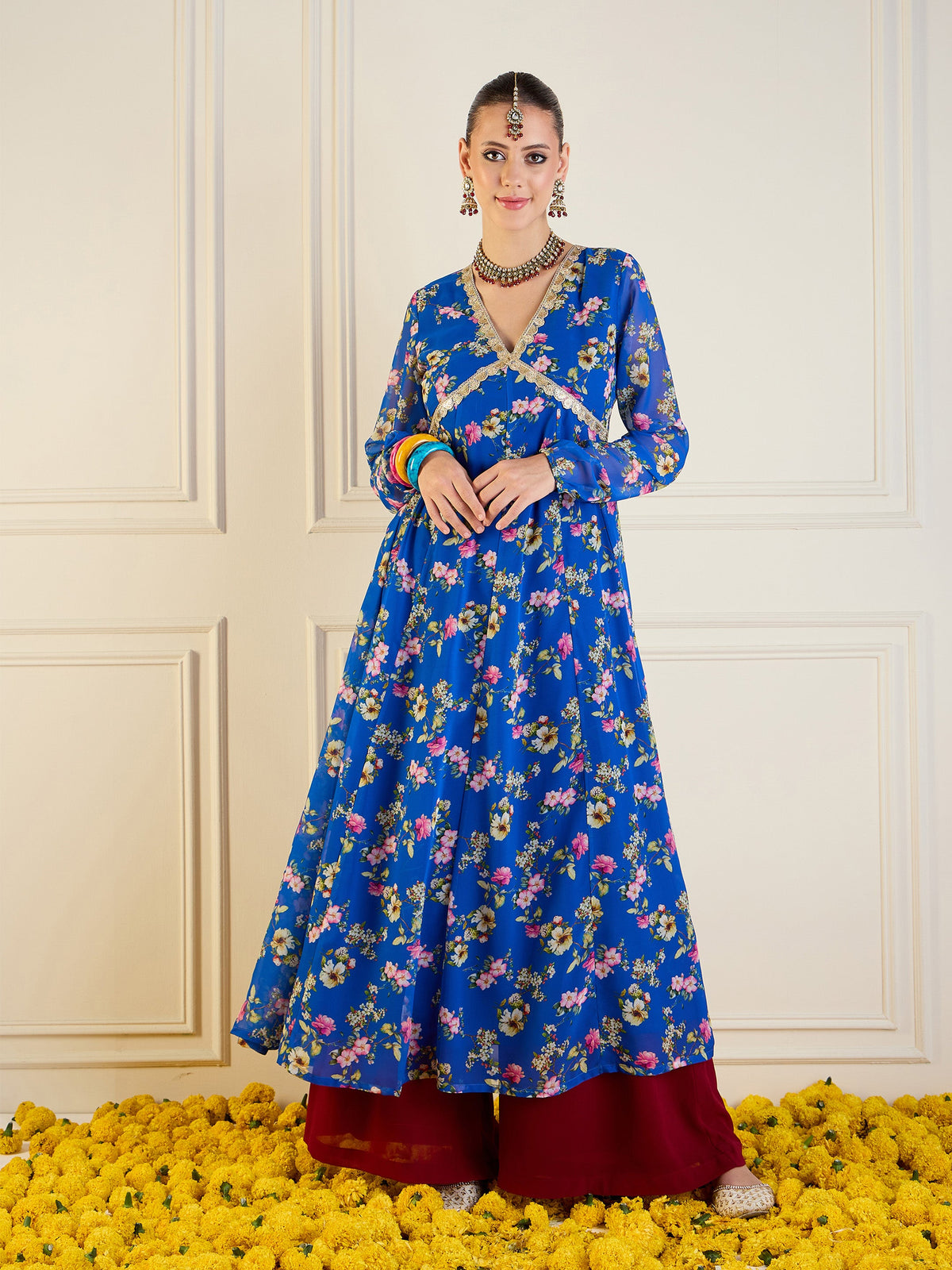 Royal Blue Floral Long Anarkali Kurta-Shae by SASSAFRAS