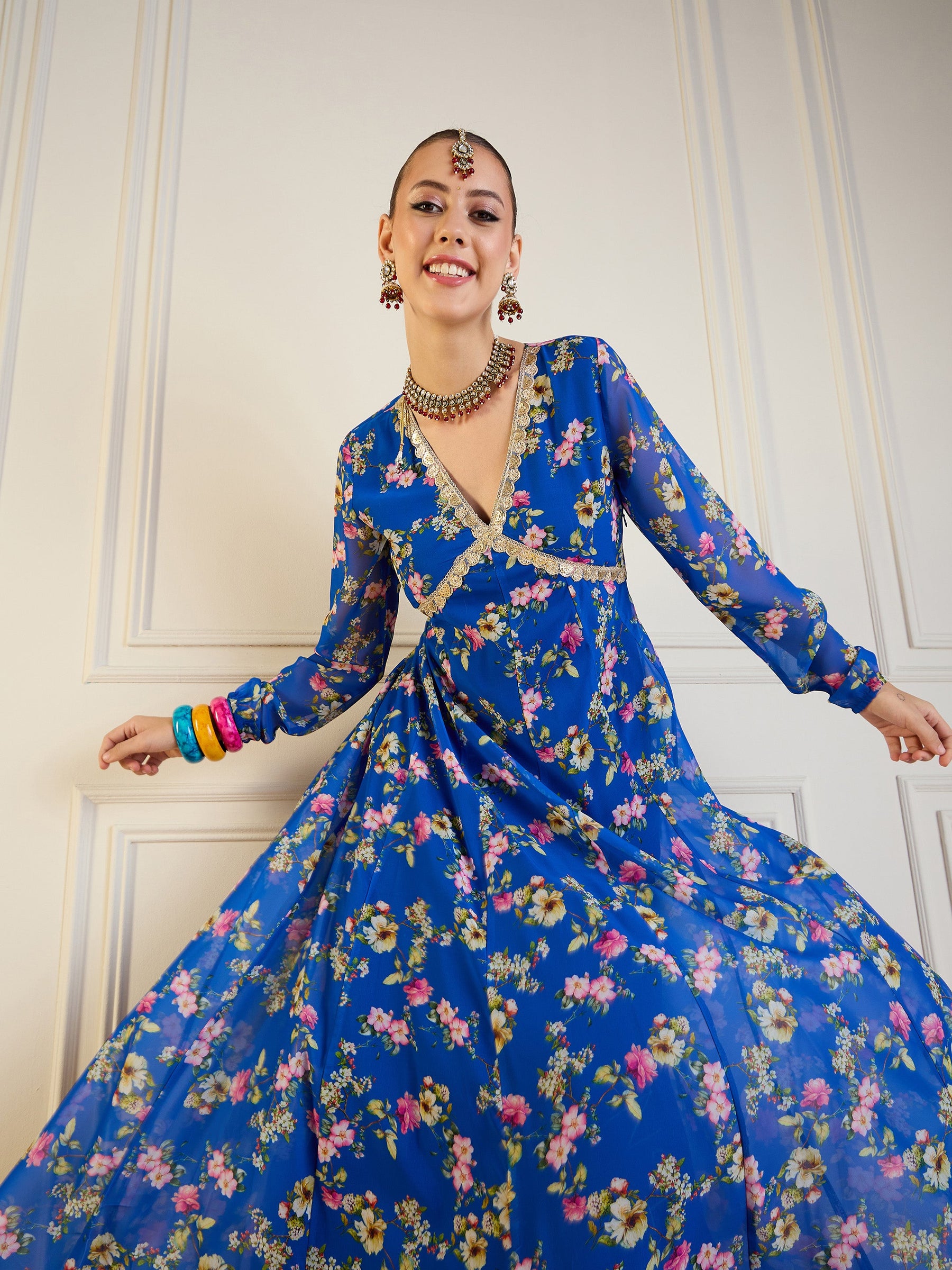 Royal Blue Floral Long Anarkali Kurta-Shae by SASSAFRAS