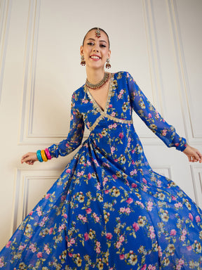 Royal Blue Floral Long Anarkali Kurta-Shae by SASSAFRAS