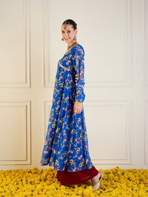 Royal Blue Floral Long Anarkali Kurta-Shae by SASSAFRAS