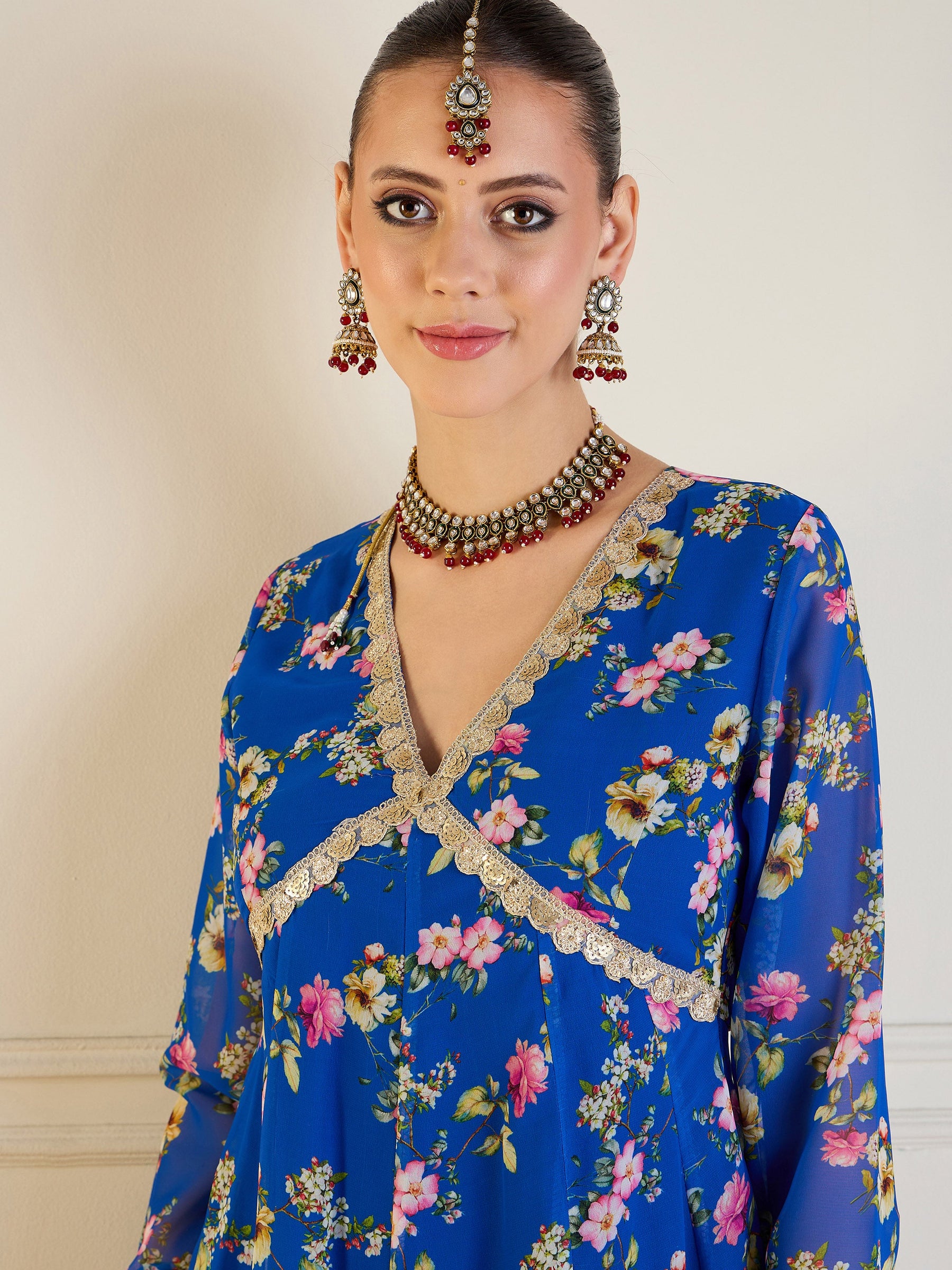 Royal Blue Floral Long Anarkali Kurta-Shae by SASSAFRAS