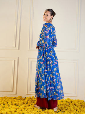 Royal Blue Floral Long Anarkali Kurta-Shae by SASSAFRAS