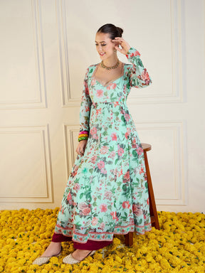 Blue Floral Long Anarkali Kurta-Shae by SASSAFRAS